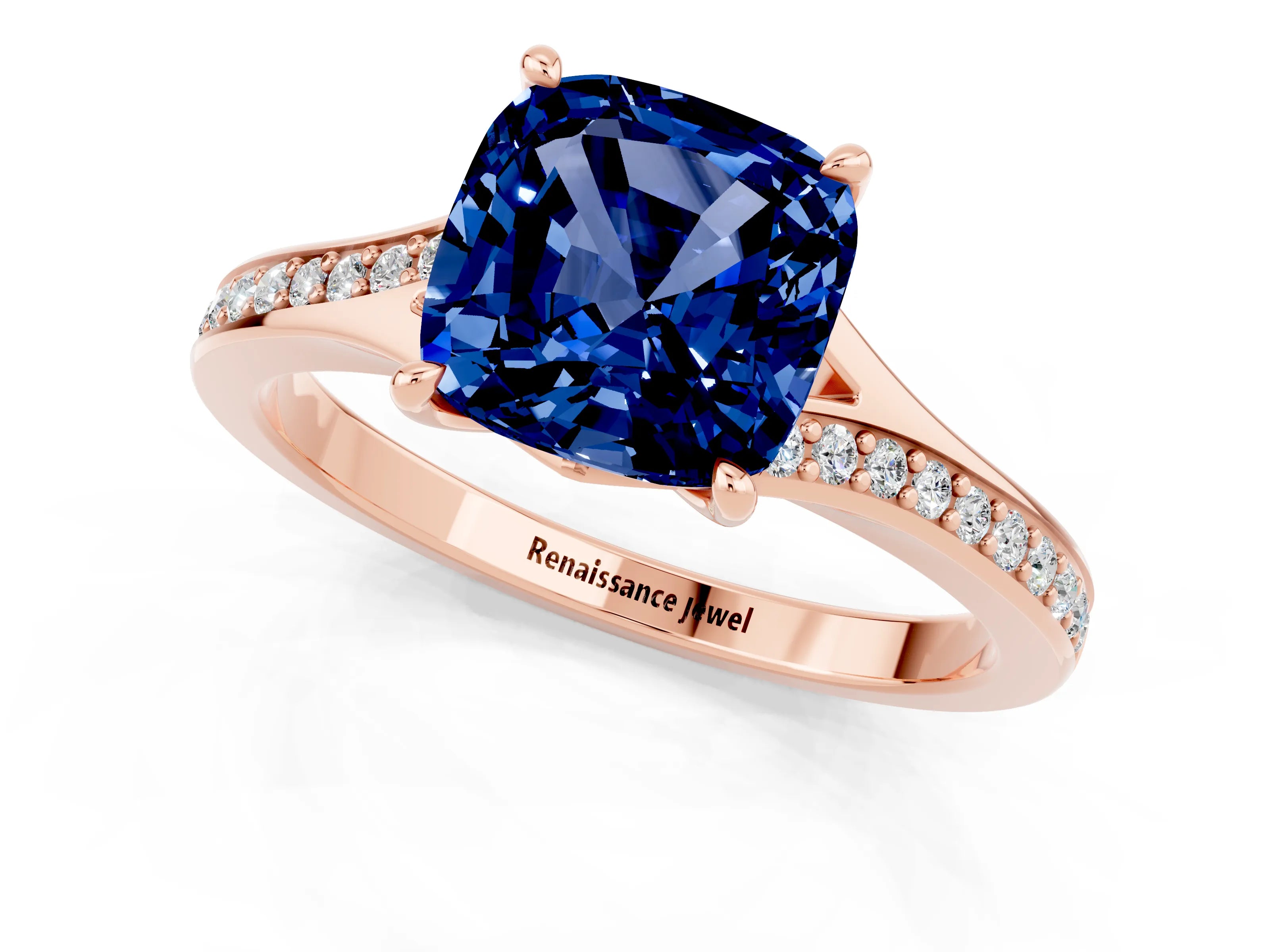 Rose gold Cushion Cut Blue Sapphire Solitaire Ring with Pavé Band and Prong Setting_13