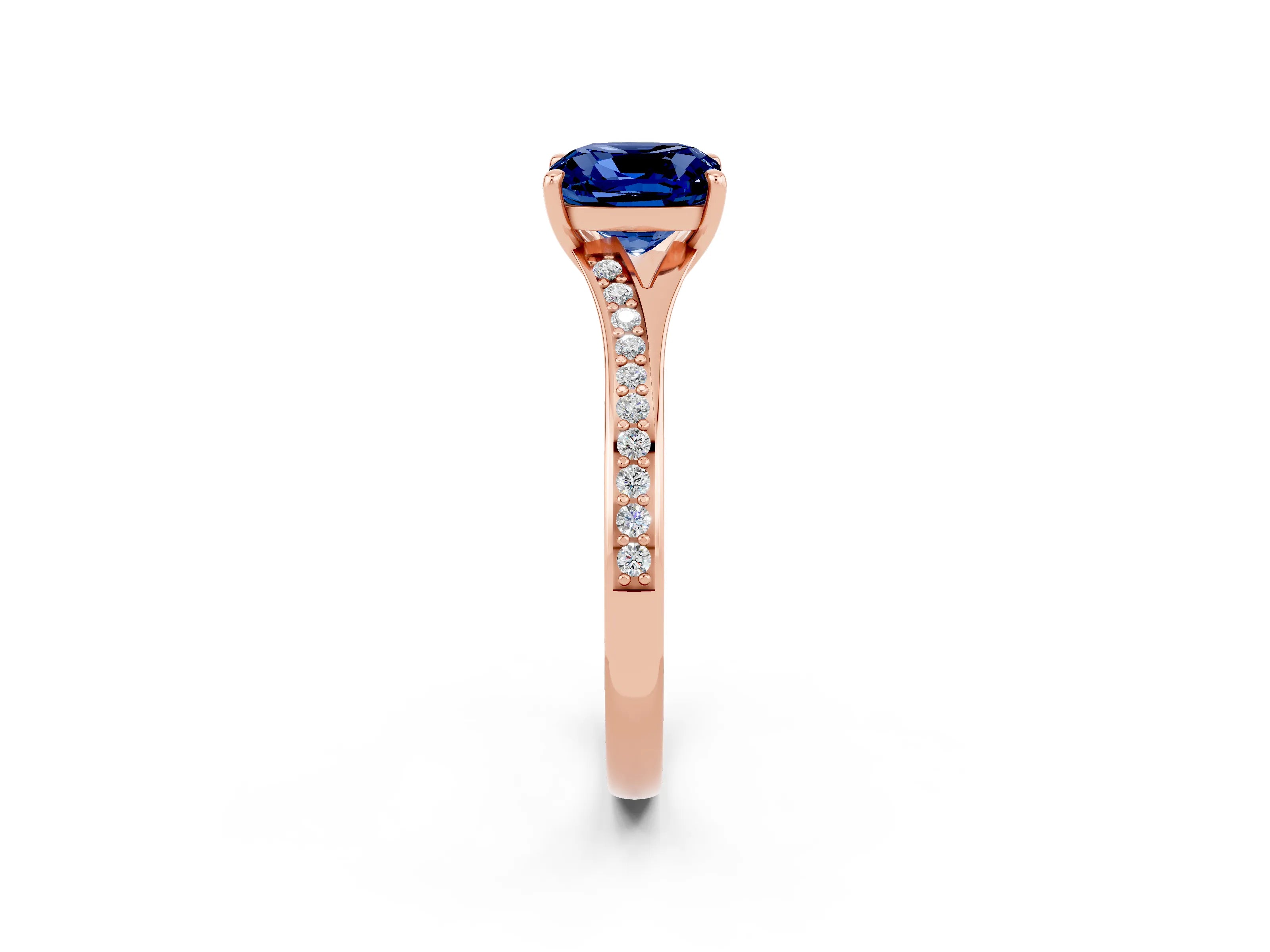 Rose gold Cushion Cut Blue Sapphire Solitaire Ring with Pavé Band and Prong Setting_14