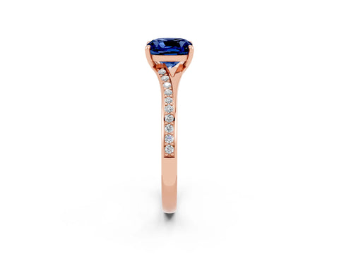 Rose gold Cushion Cut Blue Sapphire Solitaire Ring with Pavé Band and Prong Setting_14