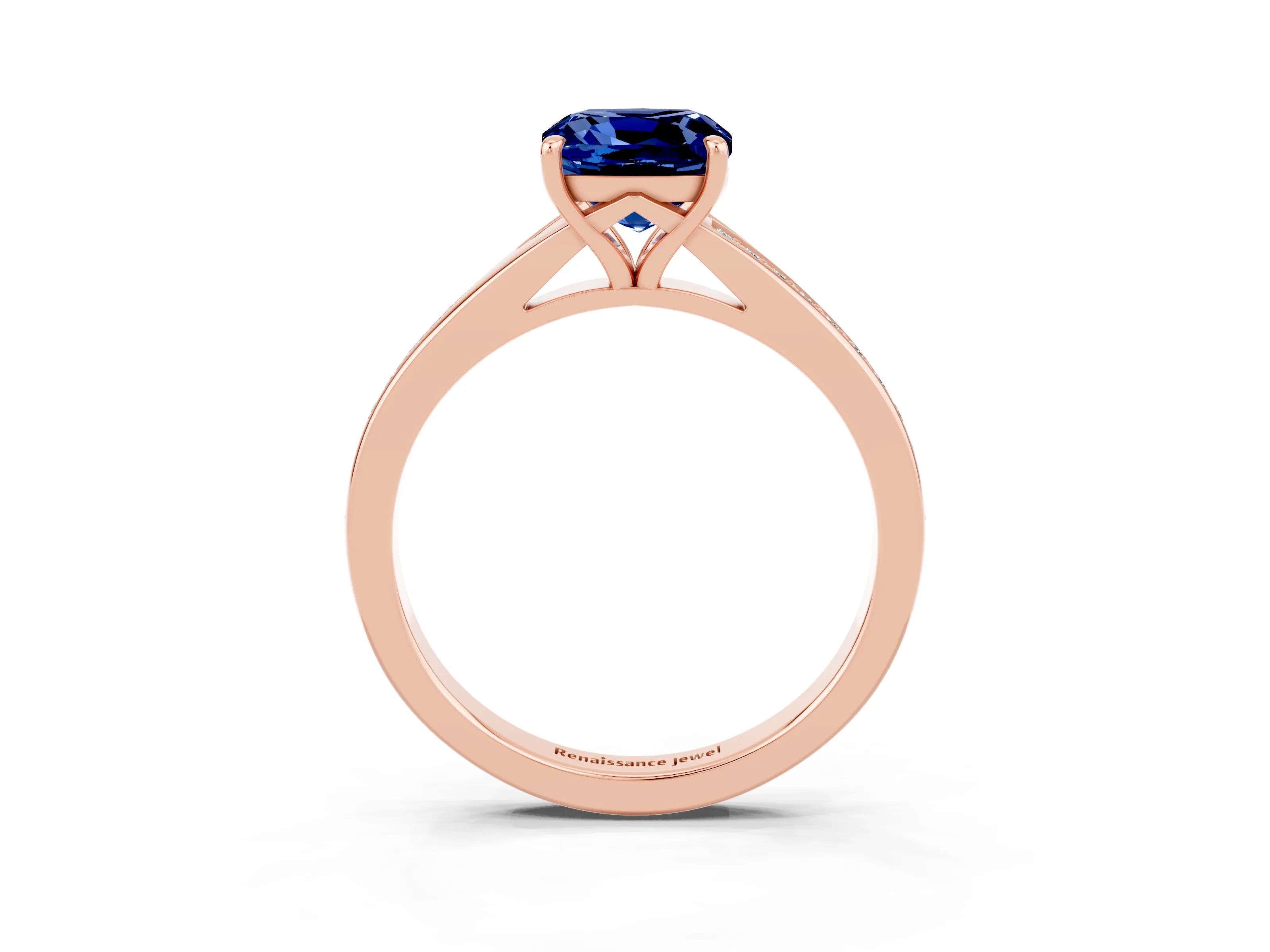 Rose gold Cushion Cut Blue Sapphire Solitaire Ring with Pavé Band and Prong Setting_15