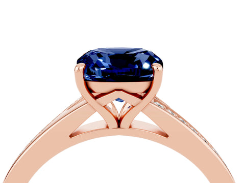 Rose gold Cushion Cut Blue Sapphire Solitaire Ring with Pavé Band and Prong Setting_16