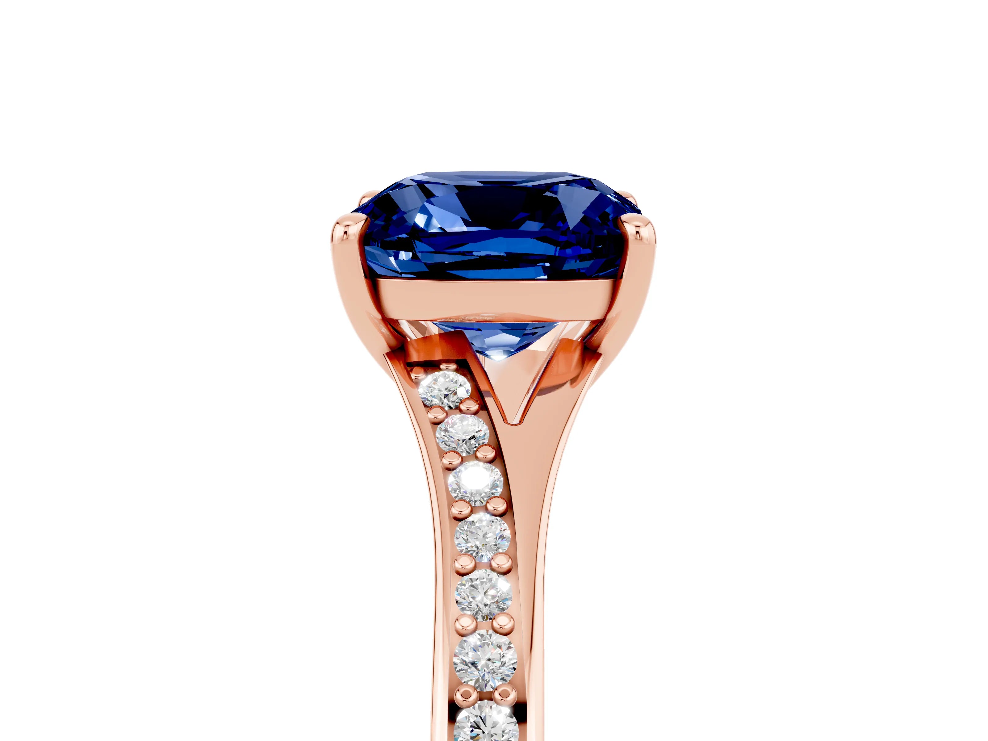 Rose gold Cushion Cut Blue Sapphire Solitaire Ring with Pavé Band and Prong Setting_17