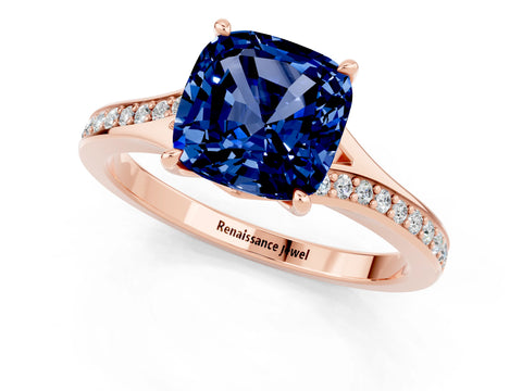 Rose gold Cushion Cut Blue Sapphire Solitaire Ring with Pavé Band and Prong Setting_1