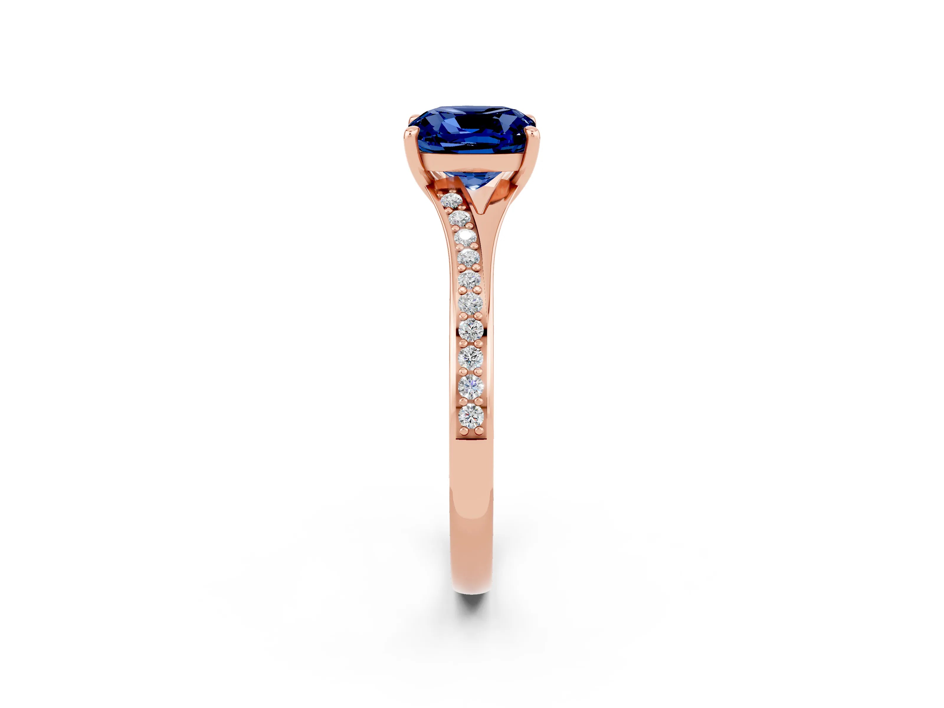 Rose gold Cushion Cut Blue Sapphire Solitaire Ring with Pavé Band and Prong Setting_2