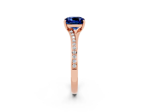 Rose gold Cushion Cut Blue Sapphire Solitaire Ring with Pavé Band and Prong Setting