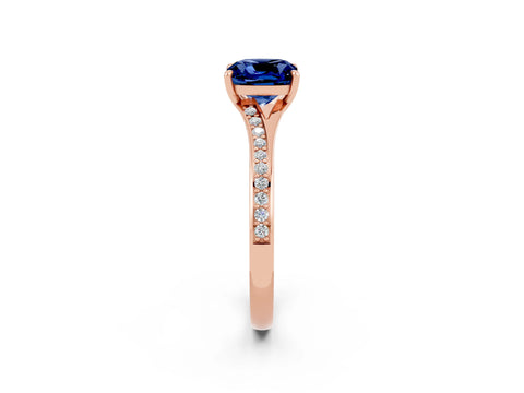 Rose gold Cushion Cut Blue Sapphire Solitaire Ring with Pavé Band and Prong Setting_2