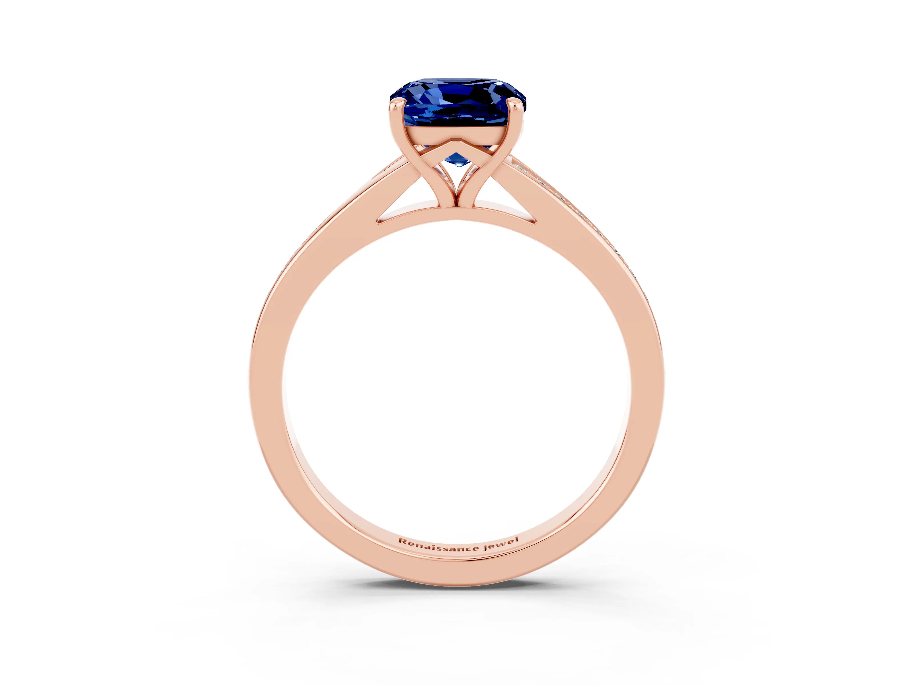 Rose gold Cushion Cut Blue Sapphire Solitaire Ring with Pavé Band and Prong Setting_3