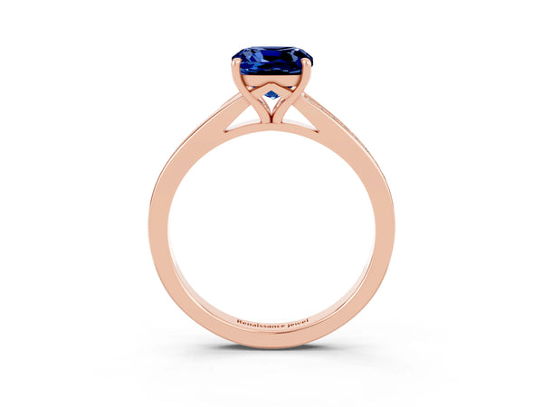 Rose gold Cushion Cut Blue Sapphire Solitaire Ring with Pavé Band and Prong Setting