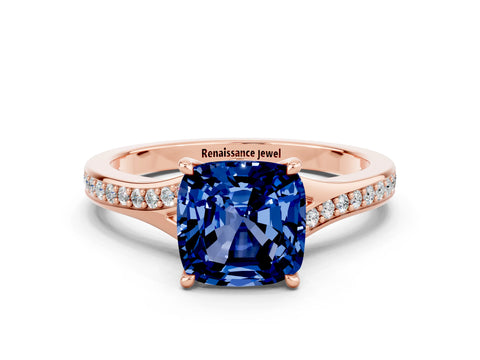 Rose gold Cushion Cut Blue Sapphire Solitaire Ring with Pavé Band and Prong Setting