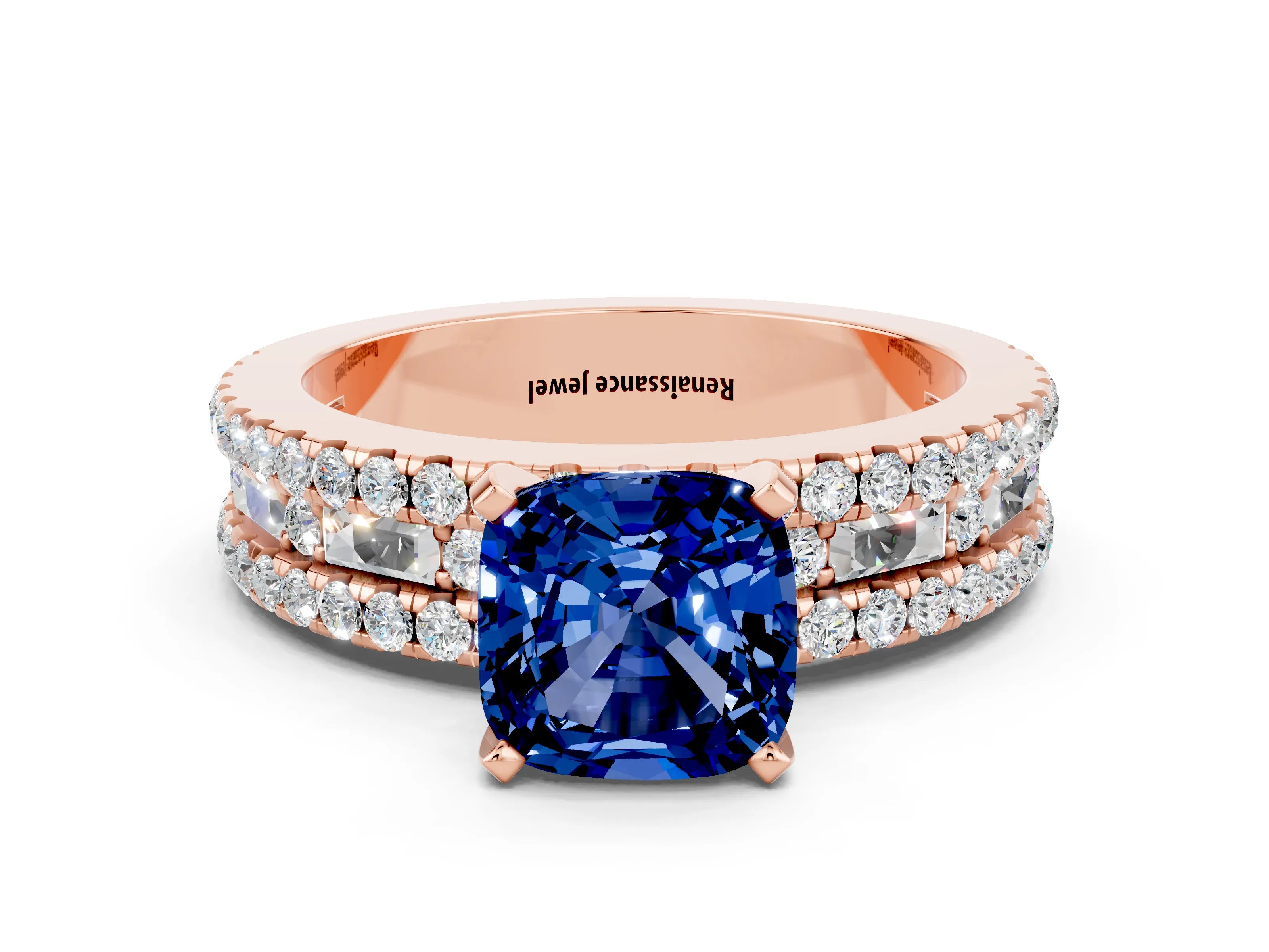 Rose gold Cushion Cut Blue Sapphire Solitaire Ring with Pavé and Channel Set Band