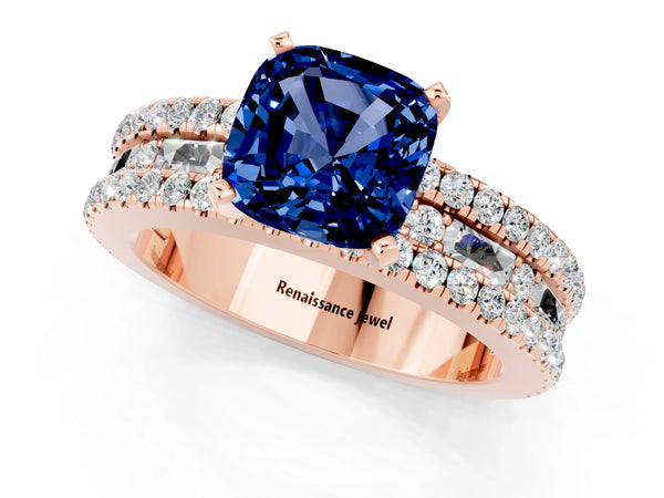 Rose gold Cushion Cut Blue Sapphire Solitaire Ring with Pavé and Channel Set Band