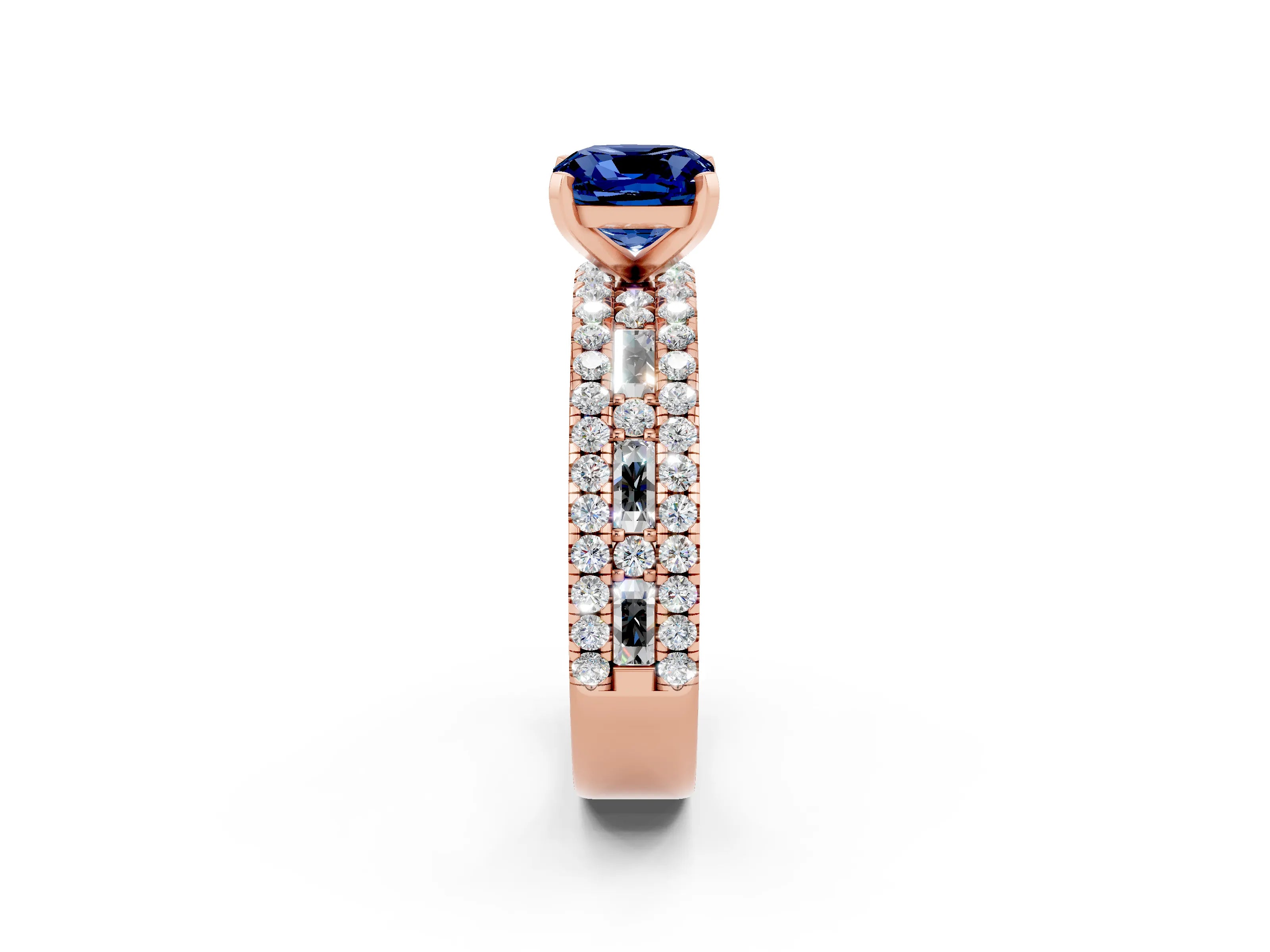 Rose gold Cushion Cut Blue Sapphire Solitaire Ring with Pavé and Channel Set Band_2