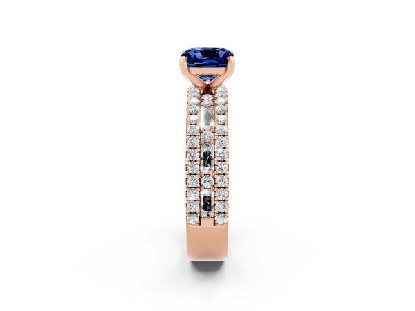 Rose gold Cushion Cut Blue Sapphire Solitaire Ring with Pavé and Channel Set Band