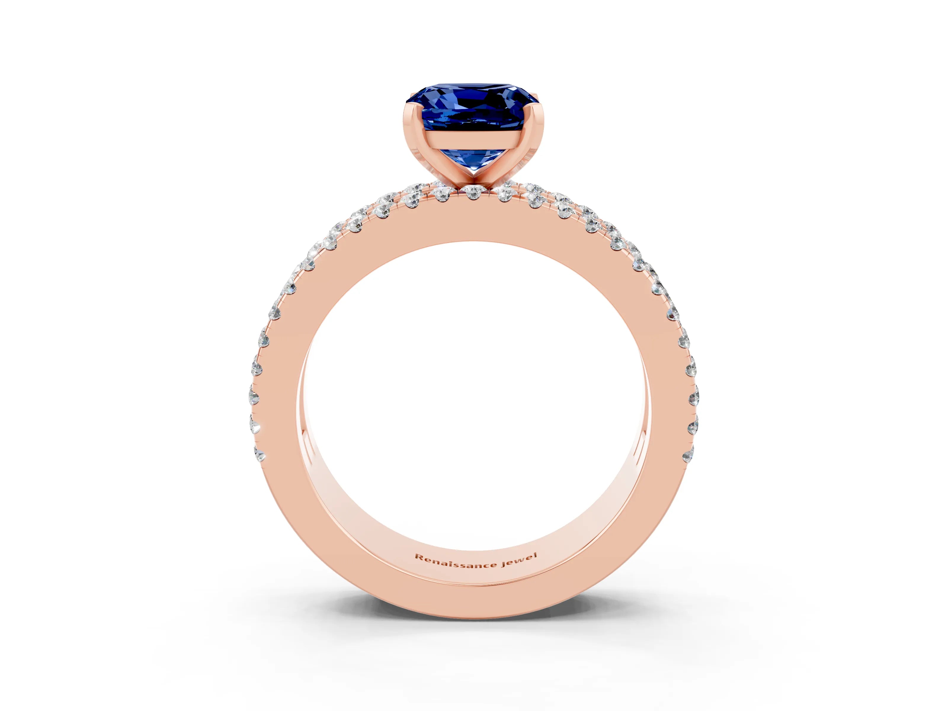 Rose gold Cushion Cut Blue Sapphire Solitaire Ring with Pavé and Channel Set Band_3