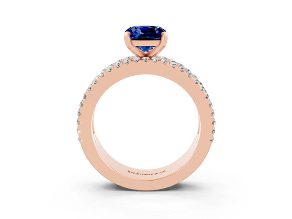 Rose gold Cushion Cut Blue Sapphire Solitaire Ring with Pavé and Channel Set Band