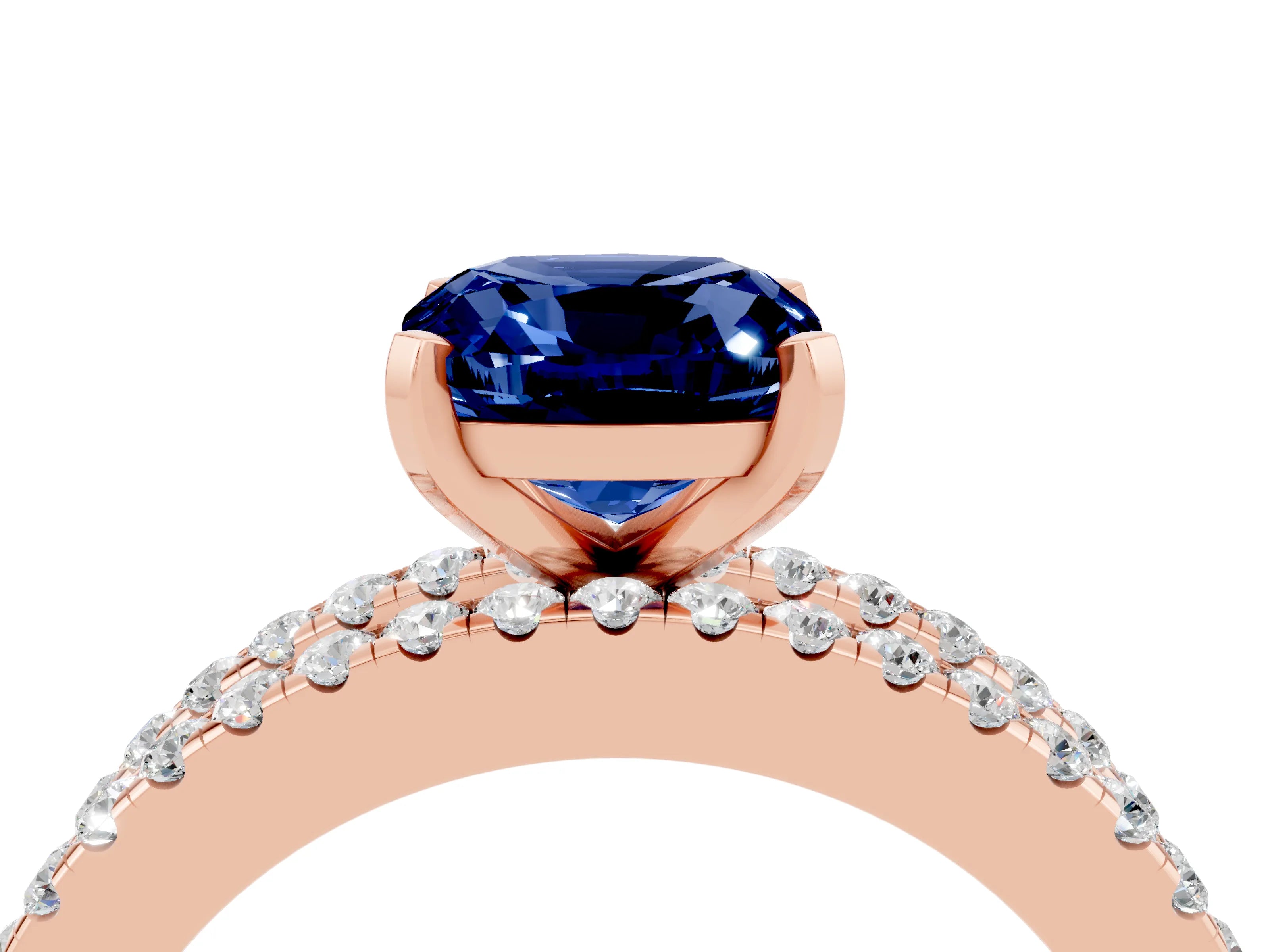 Rose gold Cushion Cut Blue Sapphire Solitaire Ring with Pavé and Channel Set Band_4
