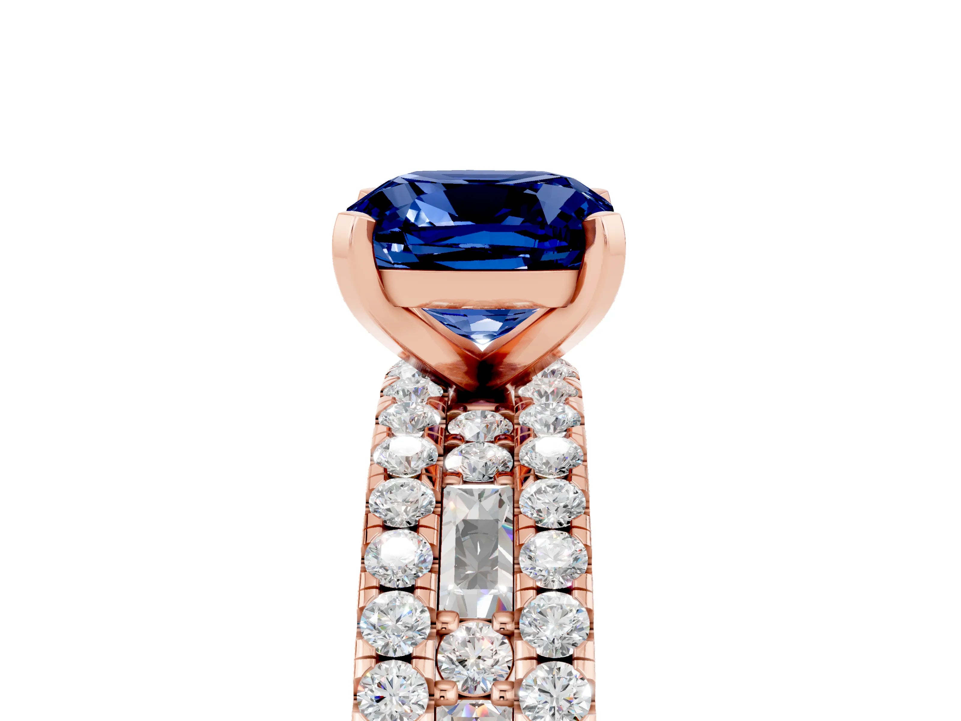 Rose gold Cushion Cut Blue Sapphire Solitaire Ring with Pavé and Channel Set Band_5