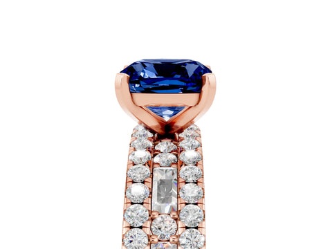 Rose gold Cushion Cut Blue Sapphire Solitaire Ring with Pavé and Channel Set Band_5
