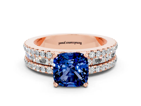 Rose gold Cushion Cut Blue Sapphire Solitaire Ring with Pavé and Channel Set Band