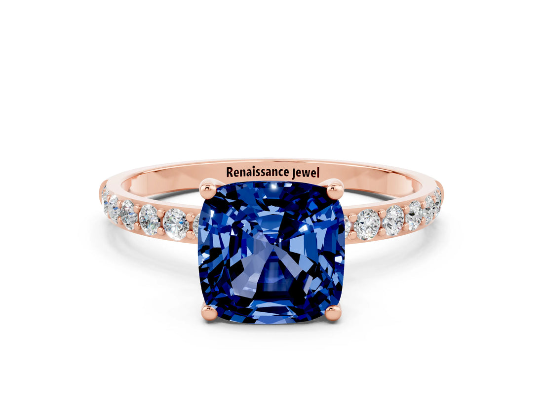 Rose gold Cushion Cut Blue Sapphire Solitaire Ring with Pave Band and Four Prong Setting_24