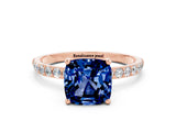 Rose gold Cushion Cut Blue Sapphire Solitaire Ring with Pave Band and Four Prong Setting_24
