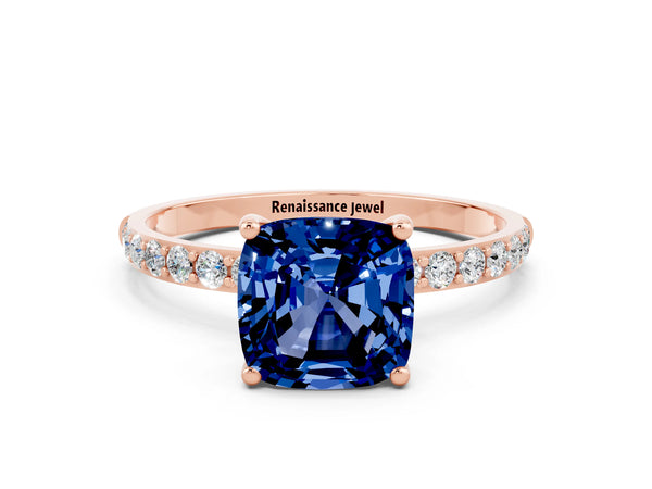 Rose gold Cushion Cut Blue Sapphire Solitaire Ring with Round  Pavé Band and Prong Setting