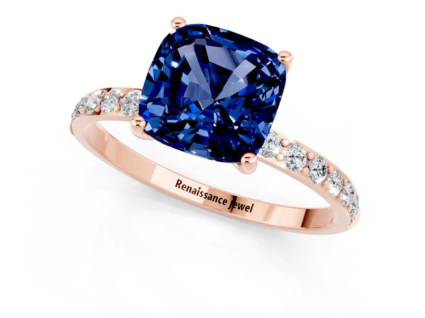 Rose gold Cushion Cut Blue Sapphire Solitaire Ring with Round  Pavé Band and Prong Setting
