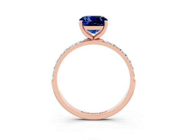 Rose gold Cushion Cut Blue Sapphire Solitaire Ring with Round  Pavé Band and Prong Setting