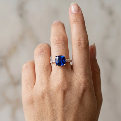 Rose gold Cushion Cut Blue Sapphire Solitaire Ring with Round  Pavé Band and Four-Prong Setting_42