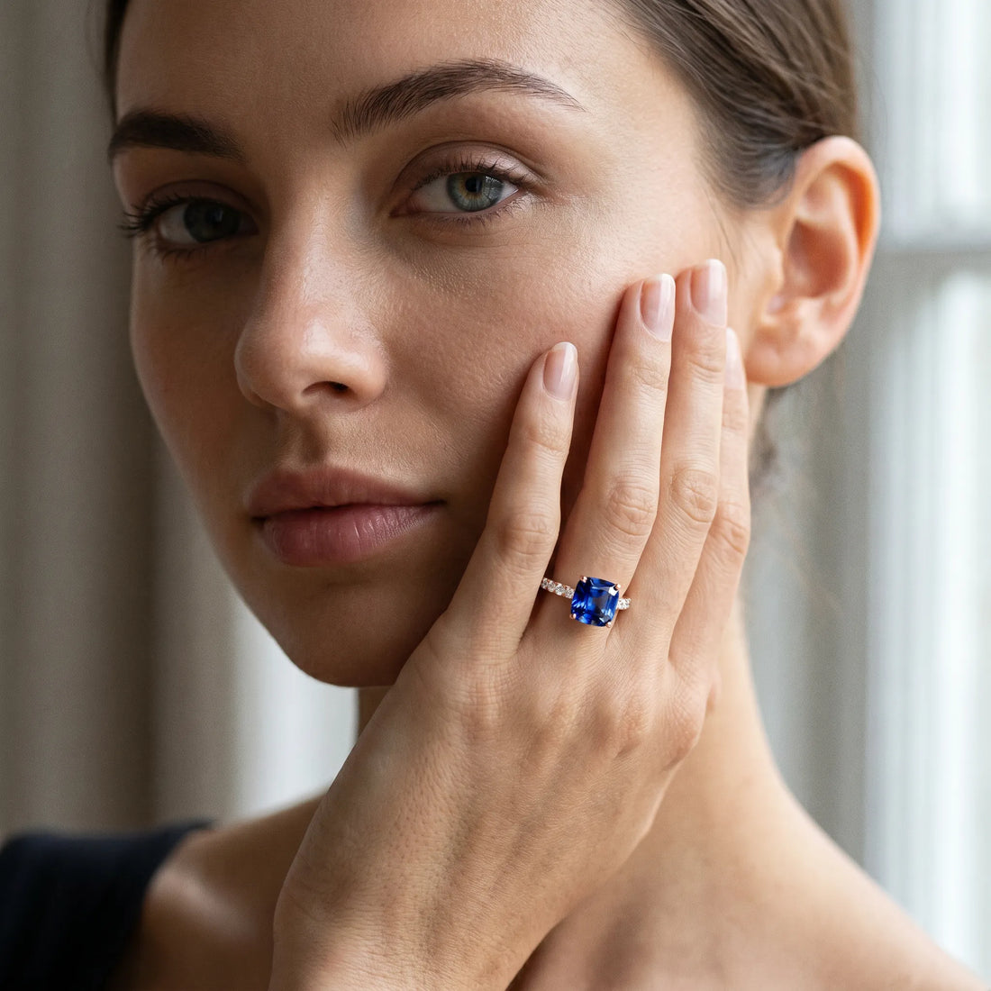 Rose gold Cushion Cut Blue Sapphire Solitaire Ring with Round  Pavé Band and Four-Prong Setting_43