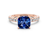 Rose gold Cushion Cut Blue Sapphire Solitaire Ring with Round  Pavé Band and Four-Prong Setting_44