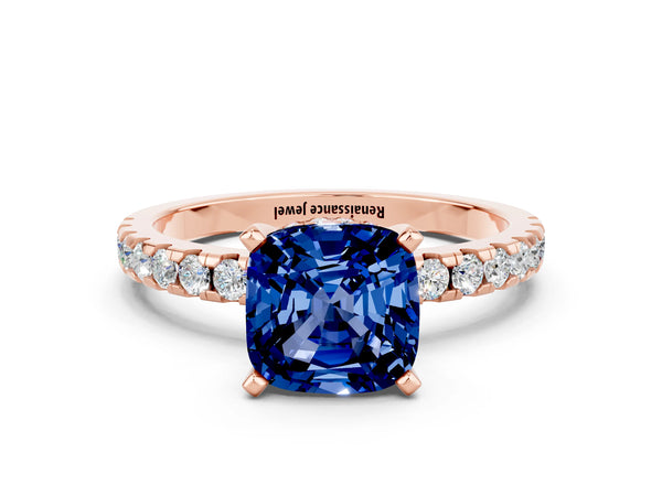 Rose gold Cushion Cut Blue Sapphire Solitaire Ring with Round Pavé Band and Four-Prong Setting