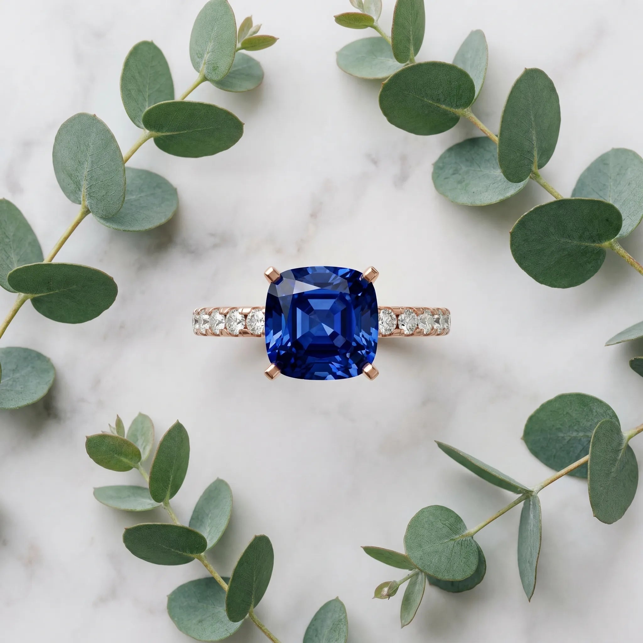Rose gold Cushion Cut Blue Sapphire Solitaire Ring with Round  Pavé Band and Four-Prong Setting_45