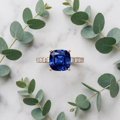 Rose gold Cushion Cut Blue Sapphire Solitaire Ring with Round  Pavé Band and Four-Prong Setting_45