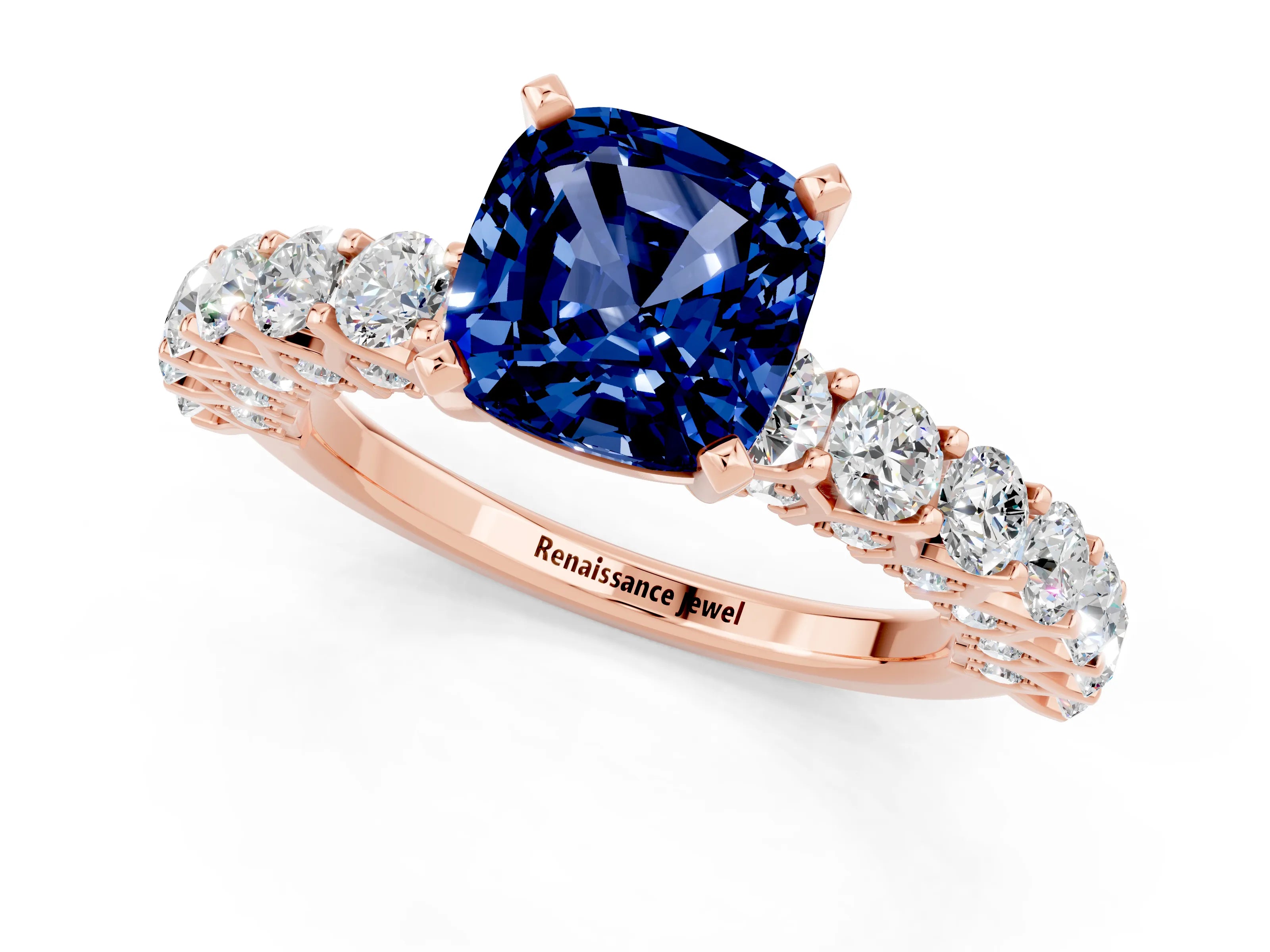 Rose gold Cushion Cut Blue Sapphire Solitaire Ring with Shared Prong Pavé Band and Four-Prong Setting_1