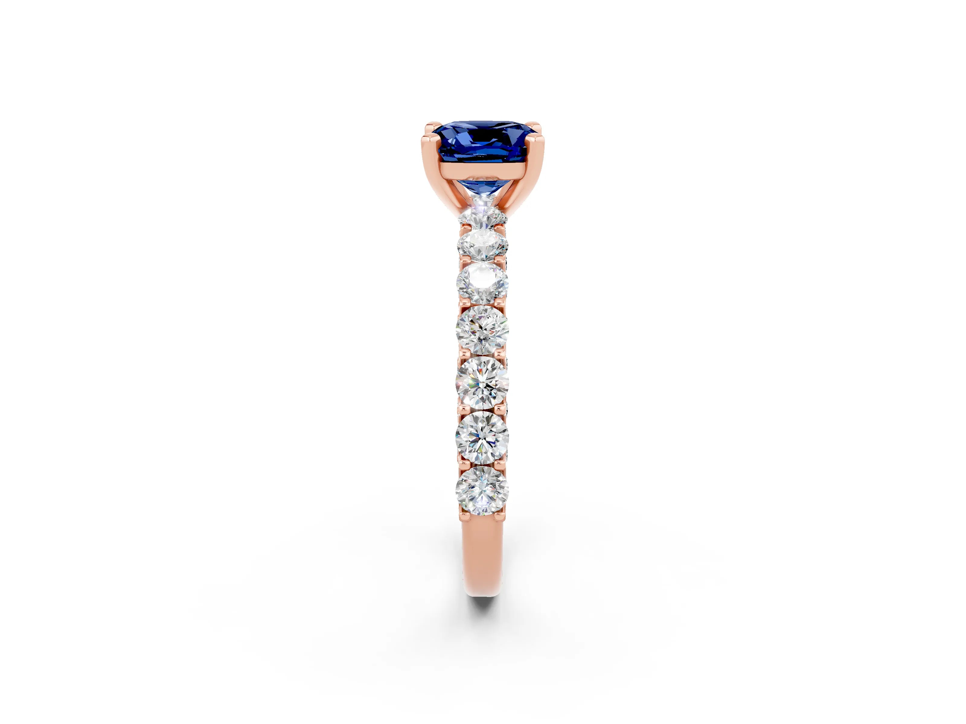 Rose gold Cushion Cut Blue Sapphire Solitaire Ring with Shared Prong Pavé Band and Four-Prong Setting_2
