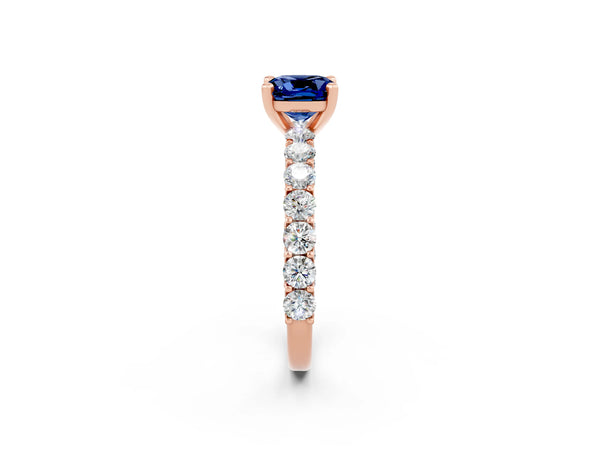 Rose gold Cushion Cut Blue Sapphire Solitaire Ring with Shared Prong Pavé Band and Four-Prong Setting