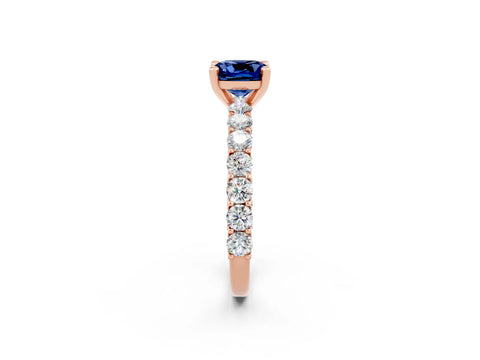 Rose gold Cushion Cut Blue Sapphire Solitaire Ring with Shared Prong Pavé Band and Four-Prong Setting_2