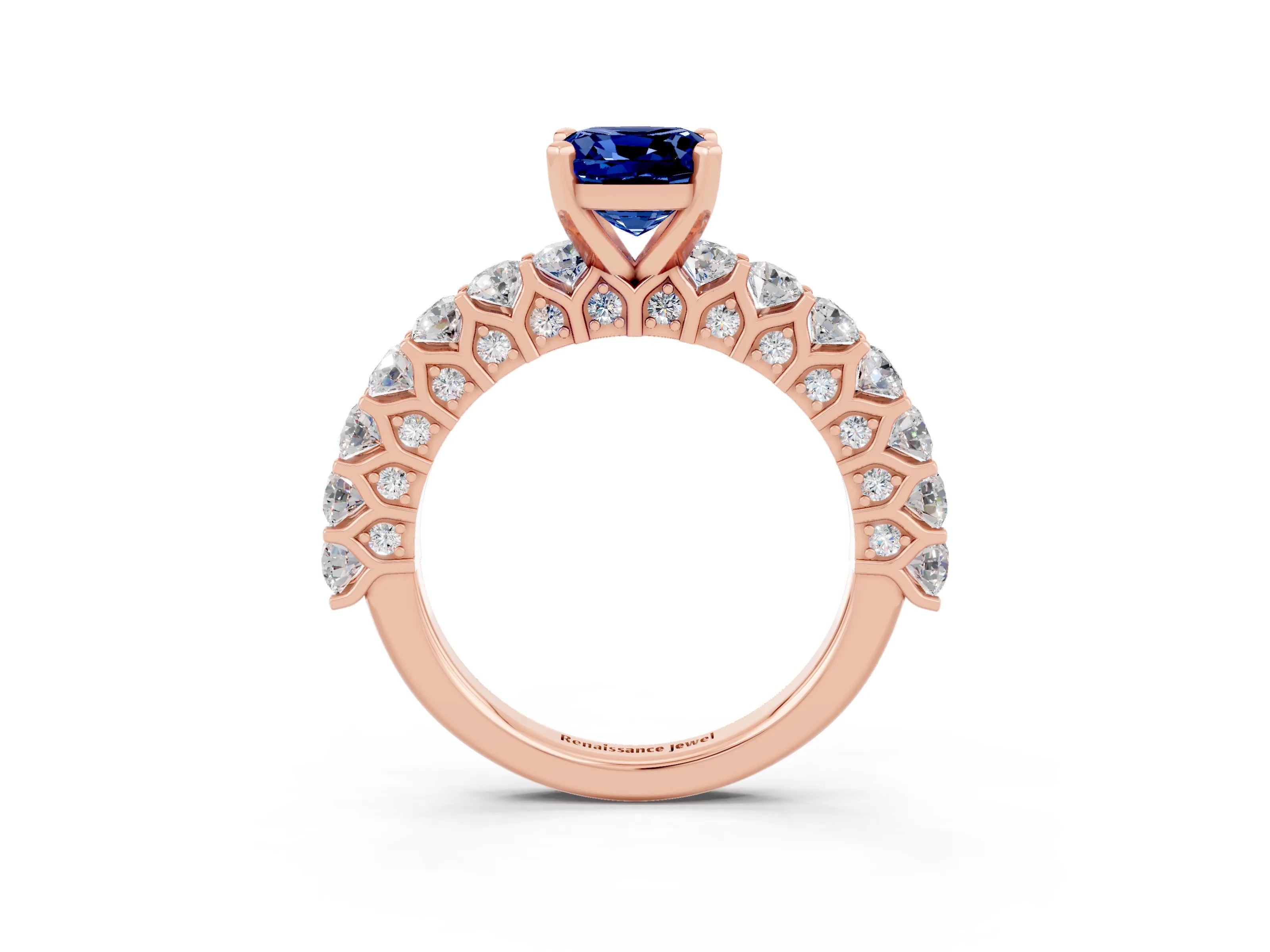 Rose gold Cushion Cut Blue Sapphire Solitaire Ring with Shared Prong Pavé Band and Four-Prong Setting_3
