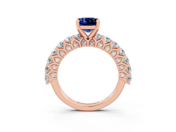 Rose gold Cushion Cut Blue Sapphire Solitaire Ring with Shared Prong Pavé Band and Four-Prong Setting