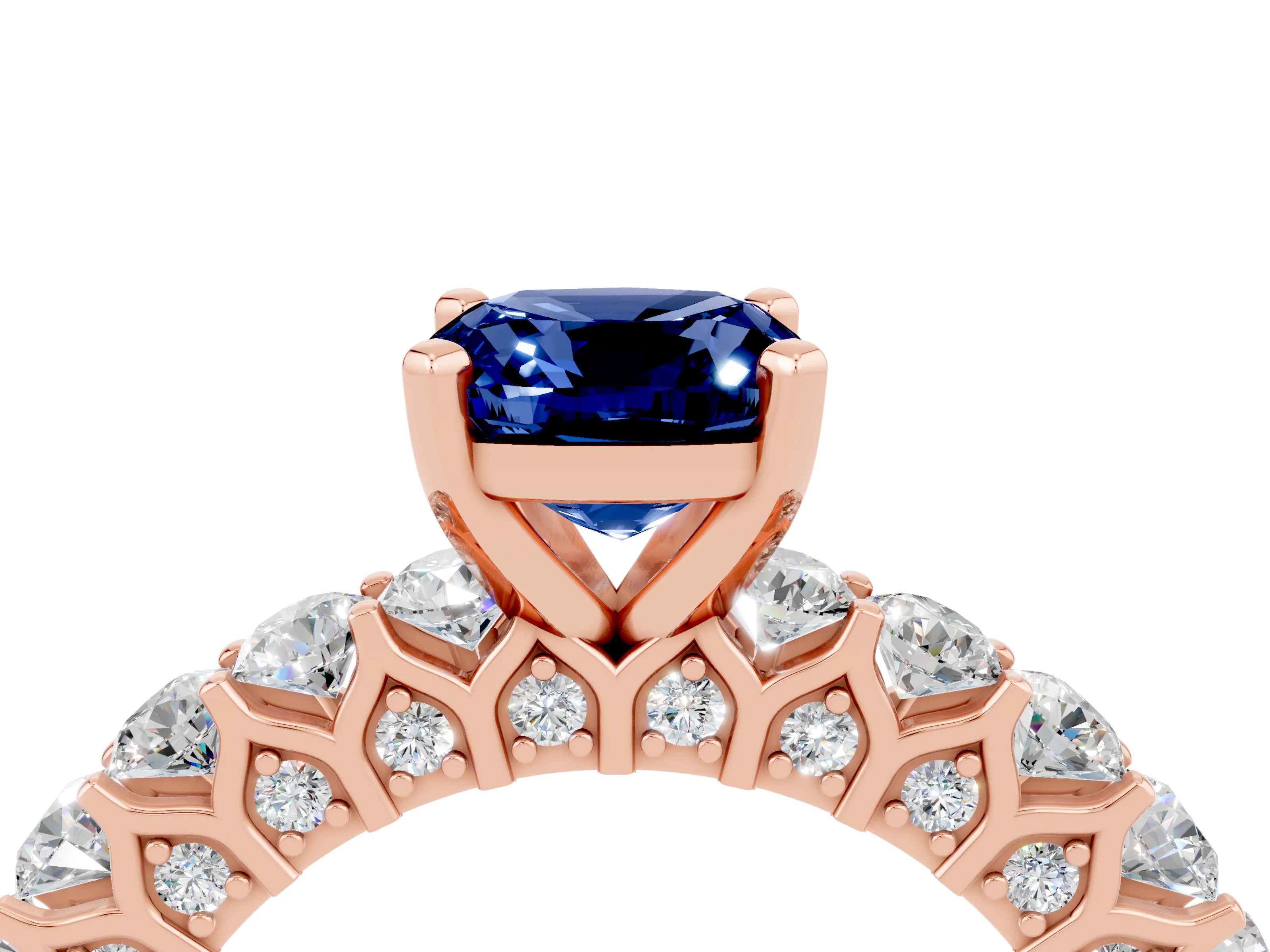 Rose gold Cushion Cut Blue Sapphire Solitaire Ring with Shared Prong Pavé Band and Four-Prong Setting_4