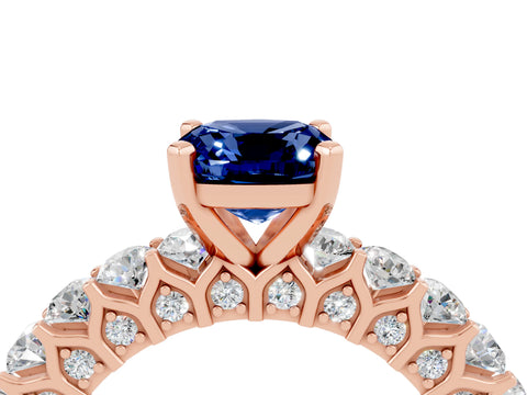 Rose gold Cushion Cut Blue Sapphire Solitaire Ring with Shared Prong Pavé Band and Four-Prong Setting_4
