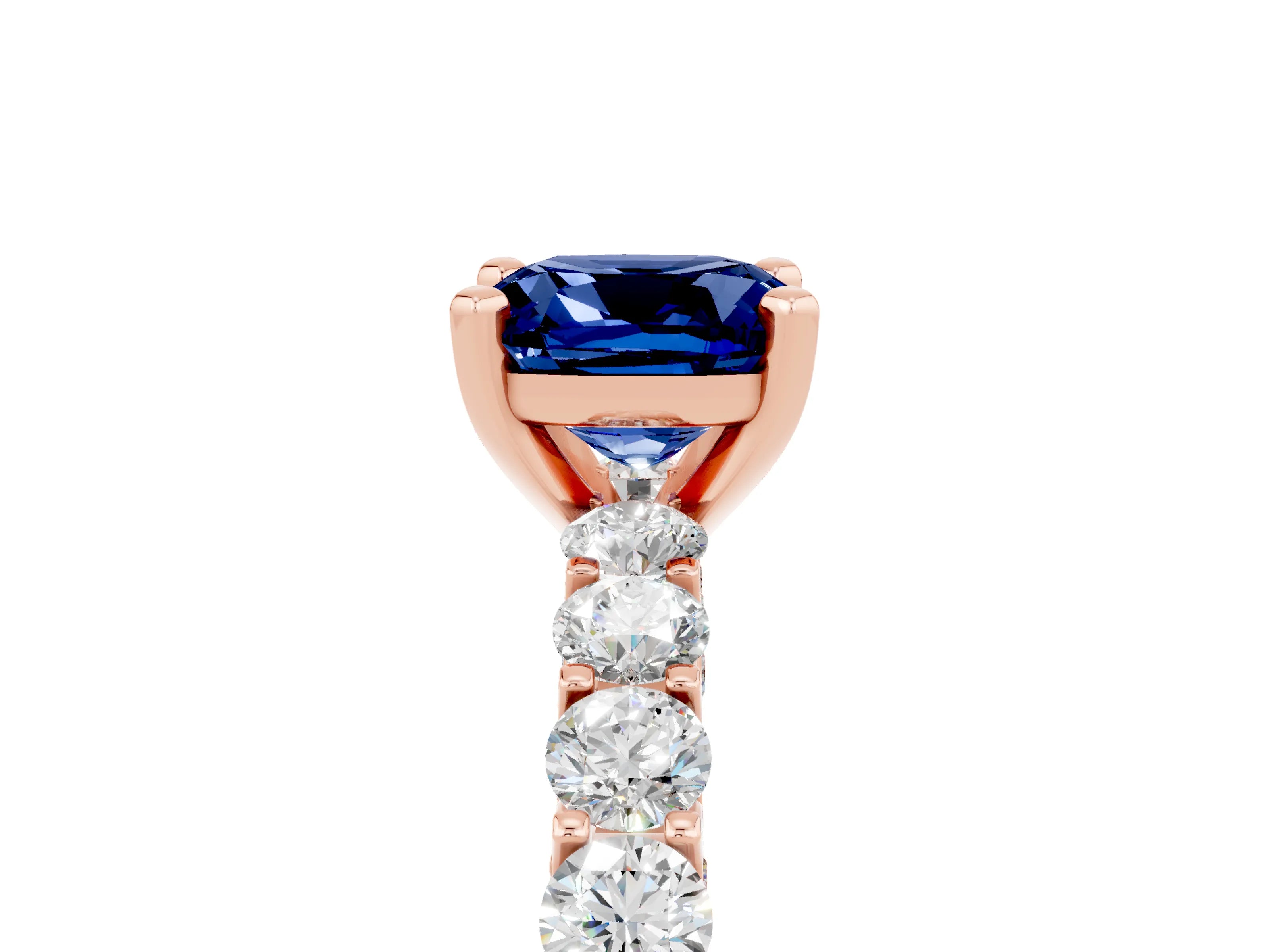 Rose gold Cushion Cut Blue Sapphire Solitaire Ring with Shared Prong Pavé Band and Four-Prong Setting_5