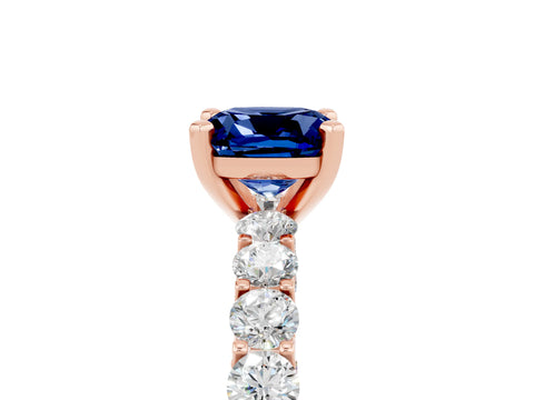 Rose gold Cushion Cut Blue Sapphire Solitaire Ring with Shared Prong Pavé Band and Four-Prong Setting_5