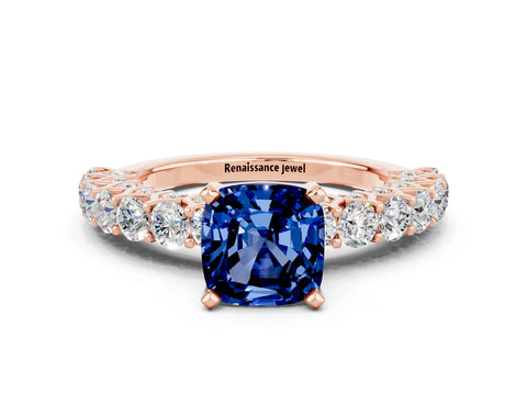 Rose gold Cushion Cut Blue Sapphire Solitaire Ring with Shared Prong Pavé Band and Four-Prong Setting