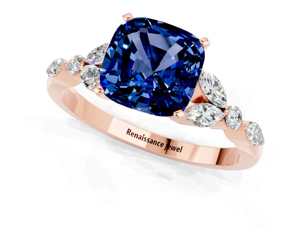 Rose gold Cushion Cut Blue Sapphire Solitaire Ring with Side Stones and Four-Prong Setting
