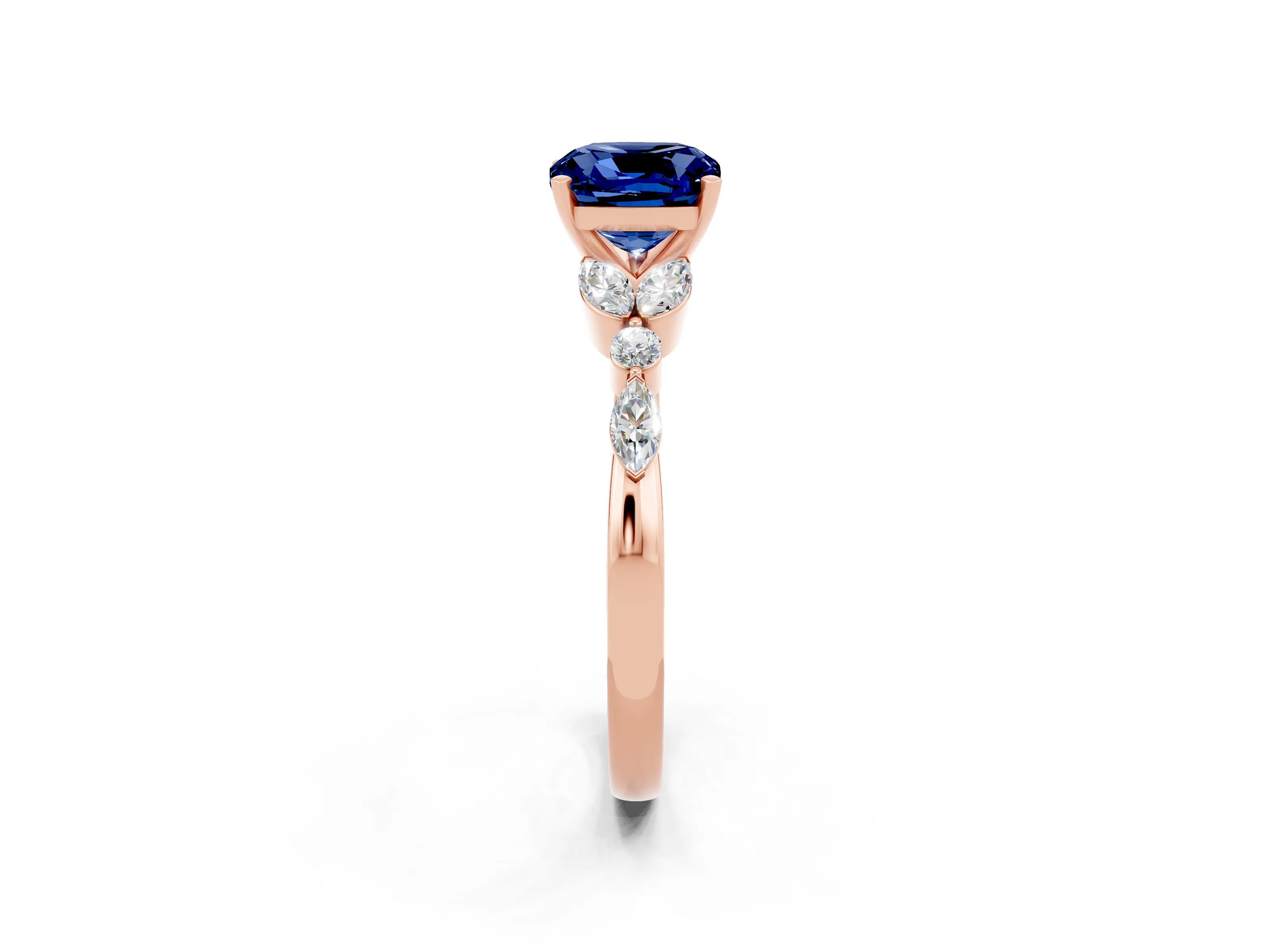 Rose gold Cushion Cut Blue Sapphire Solitaire Ring with Side Stones and Four-Prong Setting_14