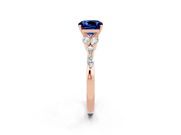 Rose gold Cushion Cut Blue Sapphire Solitaire Ring with Side Stones and Four-Prong Setting