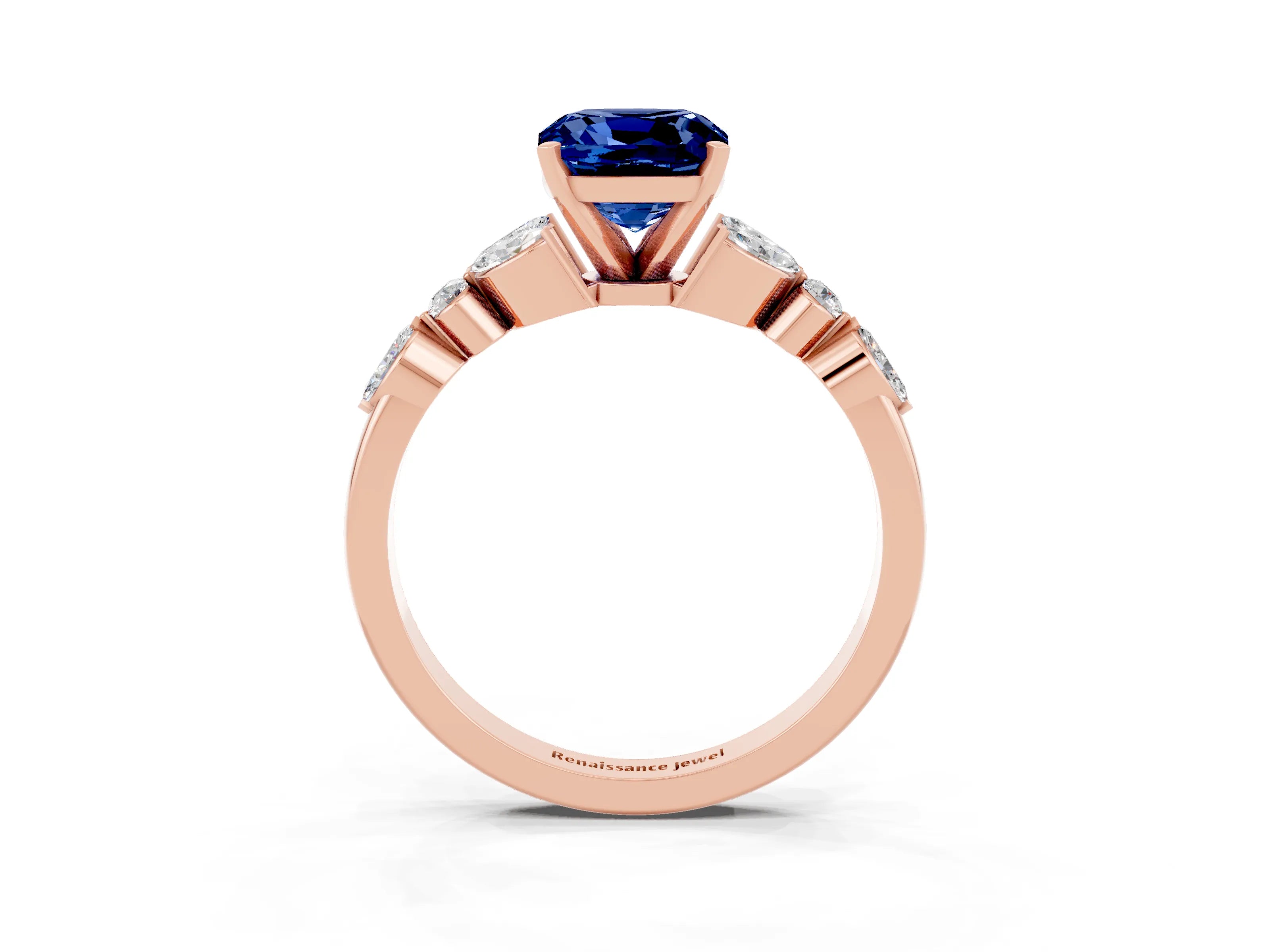Rose gold Cushion Cut Blue Sapphire Solitaire Ring with Side Stones and Four-Prong Setting_15