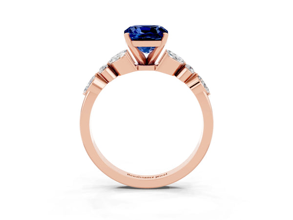 Rose gold Cushion Cut Blue Sapphire Solitaire Ring with Side Stones and Four-Prong Setting